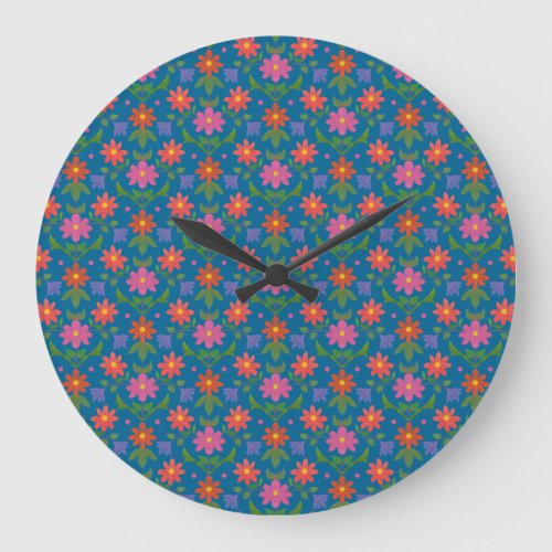 Rangoli Flowers Polka Dot Blue Round Wall Clock