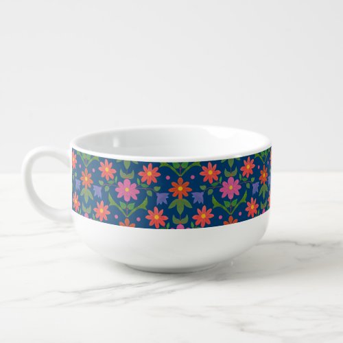 Rangoli Flowers Polka Dots Blue Ceramic Soup Bowl