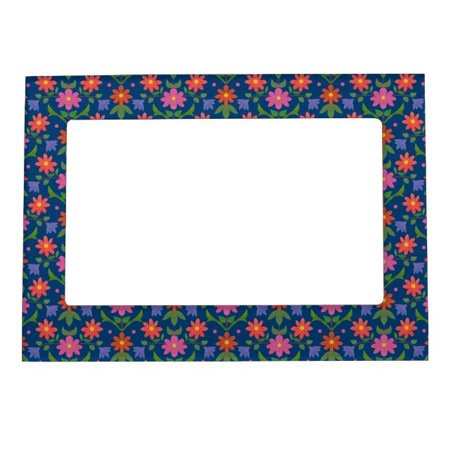 Rangoli Flowers Polka Dots Blue Magnetic Frame (Front)