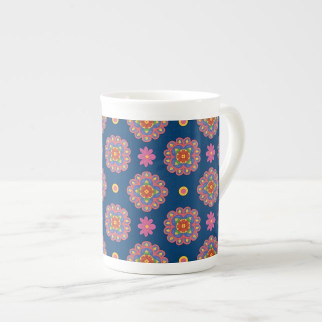 Rangoli Flowers Polka Dots on Blue Bone China Mug (Front Right)