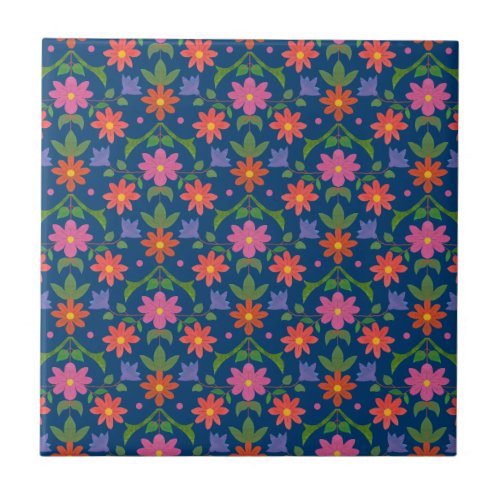 Rangoli Flowers Polka Dots on Blue Ceramic Tile