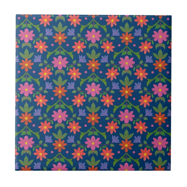 Rangoli Flowers, Polka Dots on Blue Ceramic Tile (Front)