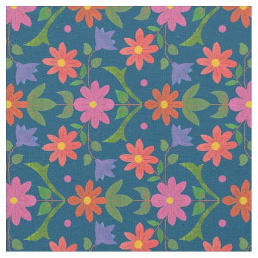 Rangoli Flowers, Polka Dots on Blue Custom Fabric