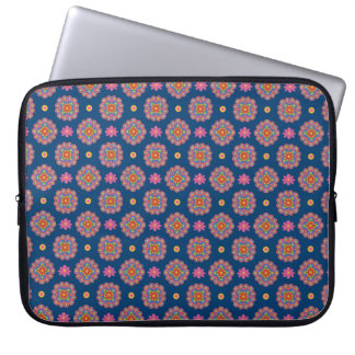 Rangoli Flowers, Polka Dots on Blue Laptop Sleeve