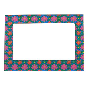 Rangoli Flowers Polka Dots on Blue Magnetic Frame