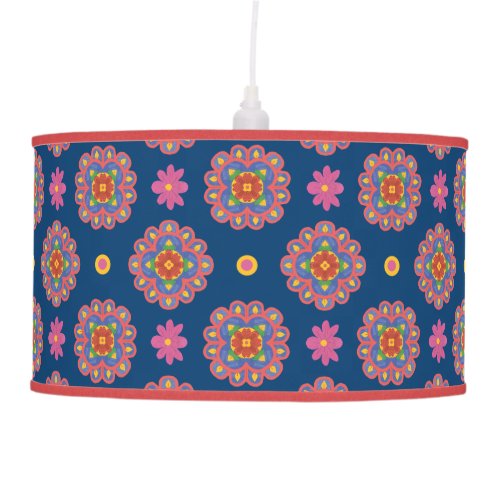 Rangoli Flowers Polka Dots on Blue Pendant Lamp