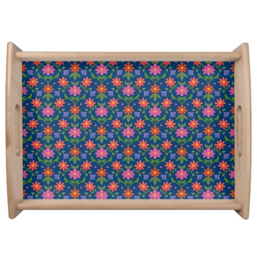 Rangoli Flowers Polka Dots on Blue Serving Tray