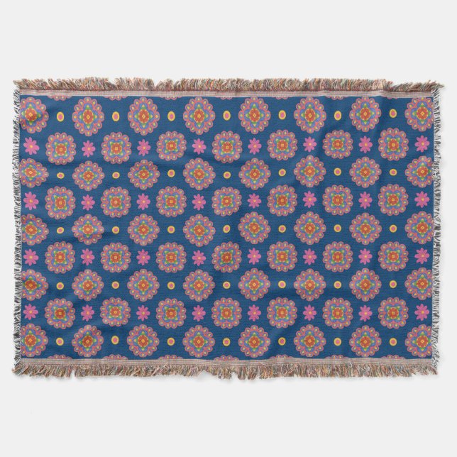 Rangoli Flowers, Polka Dots on Blue Throw Blanket (Front)
