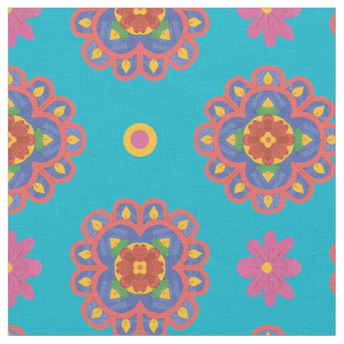 Rangoli Flowers Polka Dots on Turquoiose Fabric