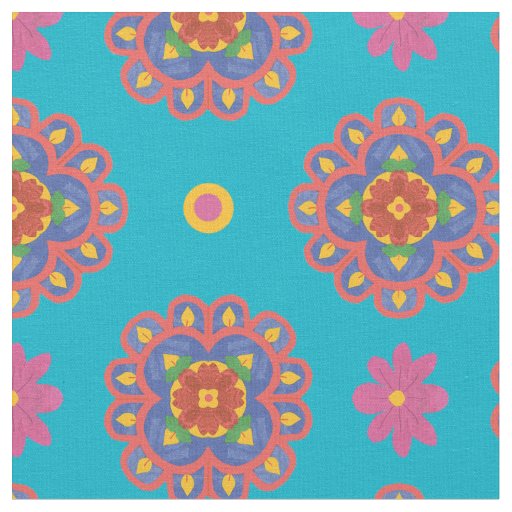 Rangoli Flowers, Polka Dots on Turquoiose Fabric