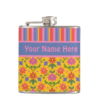 Rangoli Flowers, Stripes Hip Flask to Personalize