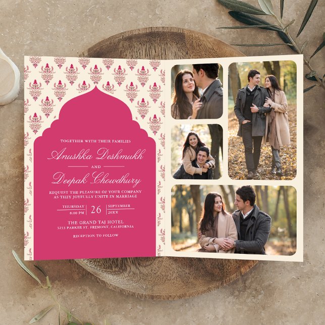 Rani Pink Cream Ikat All in One Indian Wedding Invitation (Creator Uploaded)