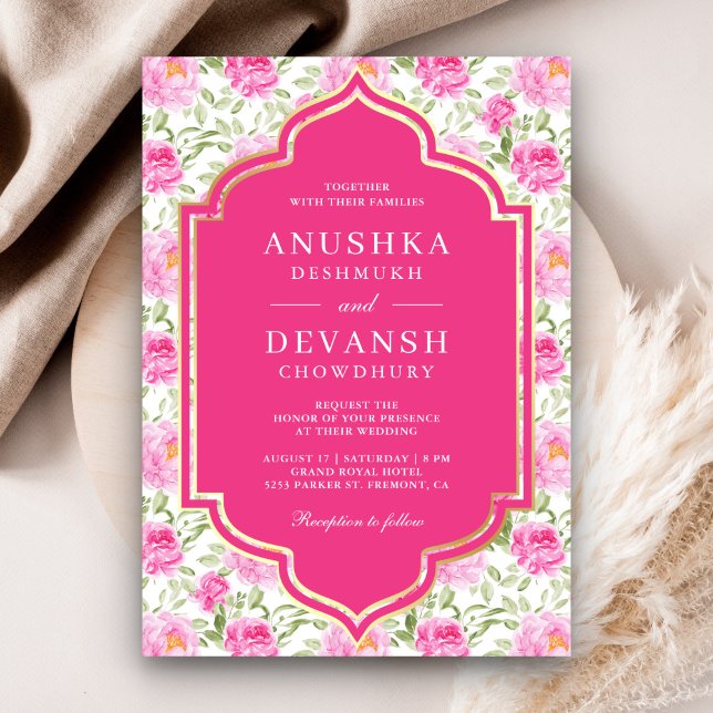Rani Pink Floral Pattern All in One Indian Wedding Invitation (Creator Uploaded)