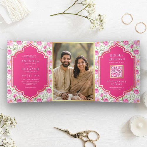 Rani Pink Floral Pattern QR Code Indian Wedding Tri_Fold Invitation