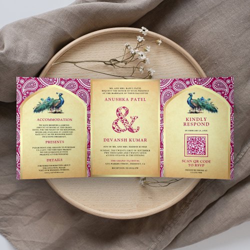 Rani Pink Paisley Indian Peacock QR Code Wedding Tri_Fold Invitation