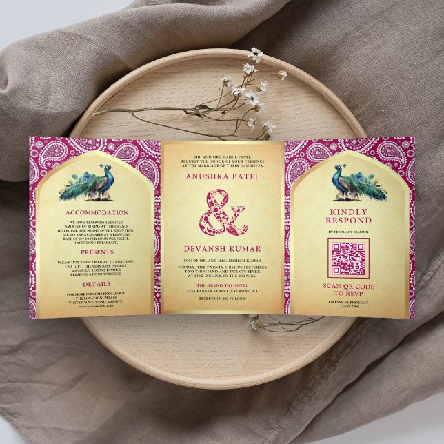Rani Pink Paisley Indian Peacock QR Code Wedding Tri-Fold Invitation (Creator Uploaded)