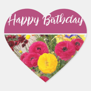 Rannunculus Flower Red floral Happy Birthday Heart Sticker