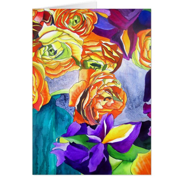 Ranunculus and Iris watercolour art Cards (Front)