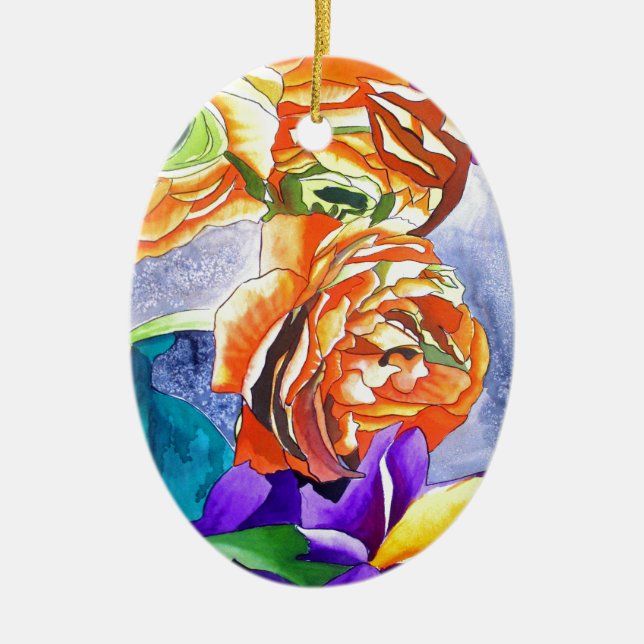 Ranunculus and Iris watercolour art Ceramic Ornament (Front)