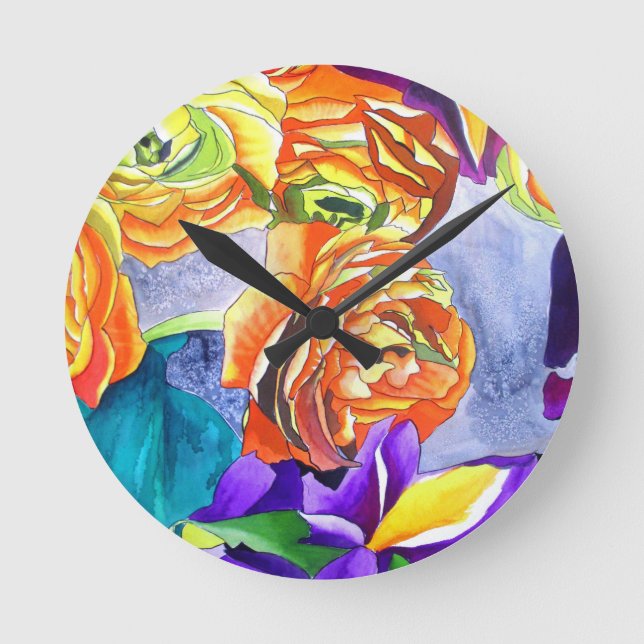 Ranunculus and Iris watercolour art Round Clock (Front)