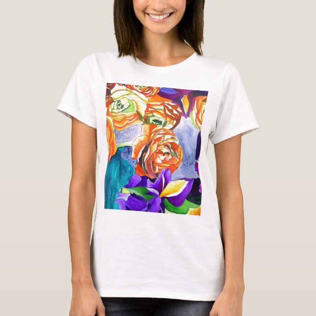 Ranunculus and Iris watercolour art T-Shirt (Front)