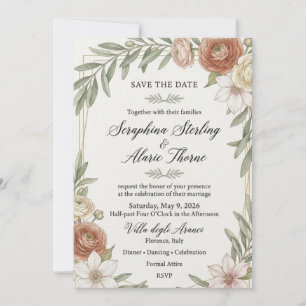 Ranunculus, Clematis, Olive Branches, Gold Geometr Invitation