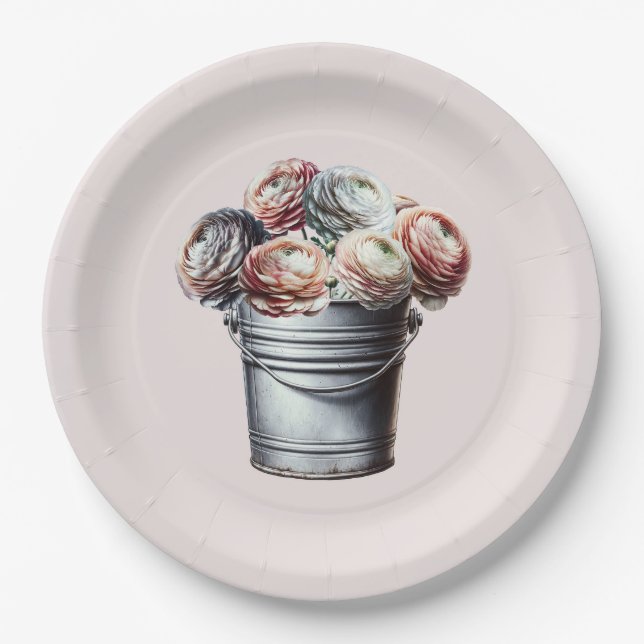 Ranunculus in Tin Pail Rustic Glam Pink Bridal Paper Plates (Front)