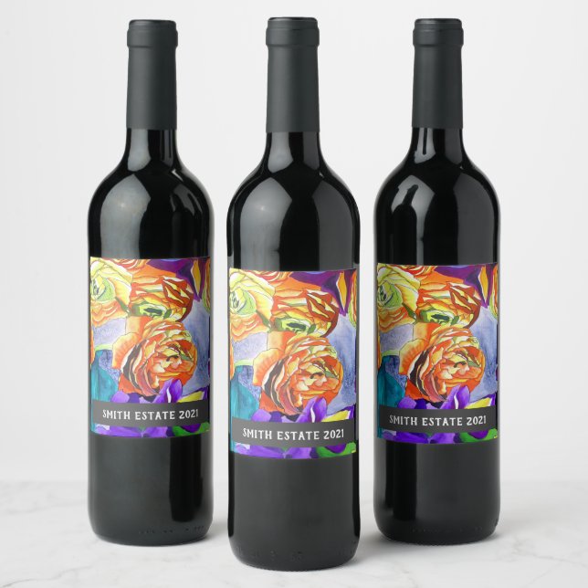 Ranunculus Iris watercolor floral art wine label (Bottles)