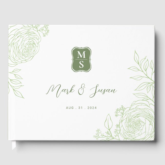 Ranunculus Line Art Monogram Wedding  Guest Book (Front)