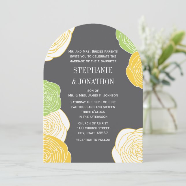 Ranunculus Rose Green Yellow Gray Die Cut Wedding Invitation (Standing Front)