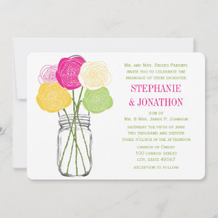 Ranunculus Rose Lime Fuchsia Yellow Mason Jar Invitation