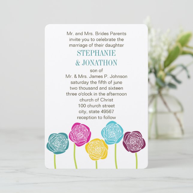 Ranunculus Rose Teal Violet Pink Yellow Wedding Invitation (Standing Front)