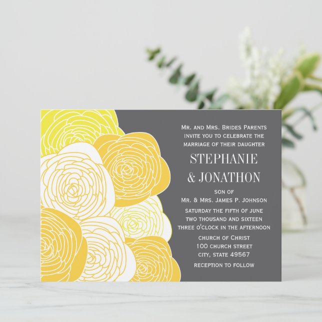 Ranunculus Rose Yellow and Gray Modern Wedding Invitation (Standing Front)