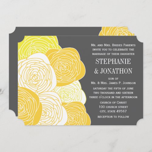Ranunculus Rose Yellow and Gray Modern Wedding Invitation
