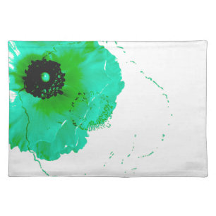 ranunculus, vibrant turquoise and white cloth placemat