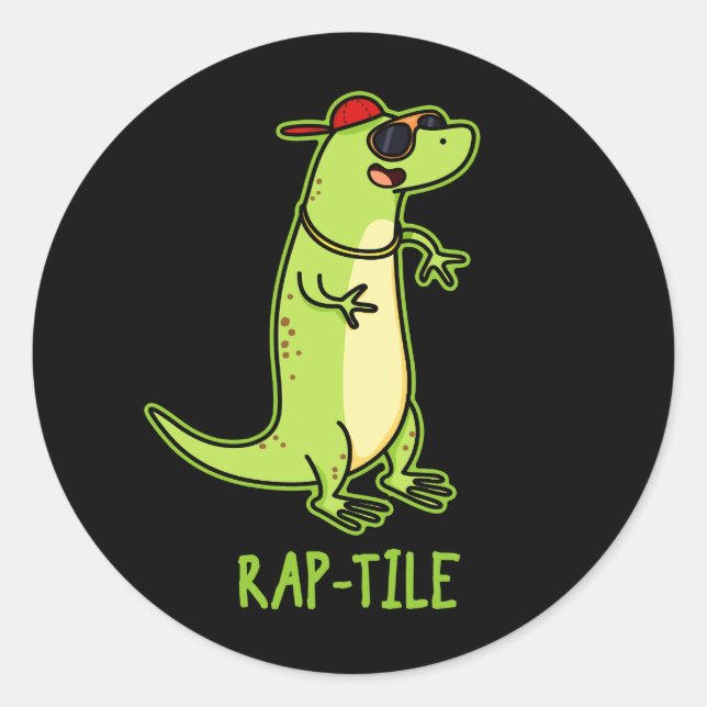 Rap-tile Funny Reptile Lizard Pun Dark BG Classic Round Sticker (Front)