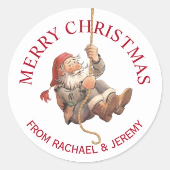 Rappelling Santa Merry Christmas Classic Round Sticker by DP_Holidays at Zazzle