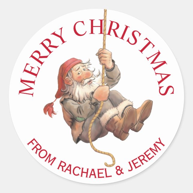 Rappelling Santa Merry Christmas Classic Round Sticker (Front)