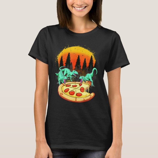 Raptor Dinosaur Eating Pizza T-Shirt (Front)