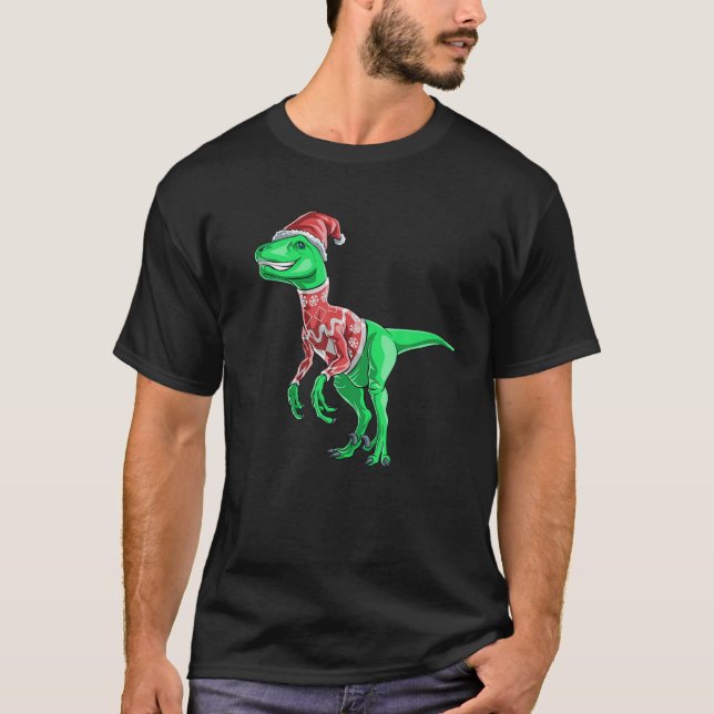 Raptor Dinosaur Funny Christmas Santa Hat T S Gift T-Shirt (Front)