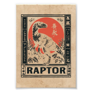 Raptor Dinosaur Japandi Art Wabi Sabi Red Sun Photo Print