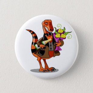 Raptor Holding Bottle Of Sparkling Wine & Flowers Button