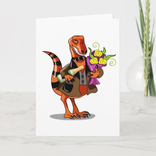 Raptor Holding Bottle Of Sparkling Wine  Flowers Card