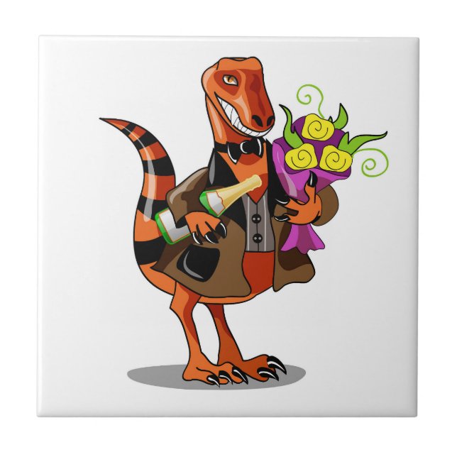 Raptor Holding Bottle Of Sparkling Wine & Flowers Ceramic Tile (Front)