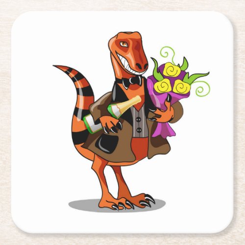Raptor Holding Bottle Of Sparkling Wine  Flowers Square Paper Coaster