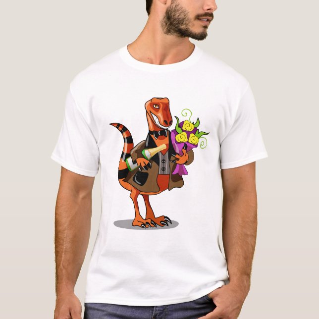 Raptor Holding Bottle Of Sparkling Wine & Flowers T-Shirt (Front)