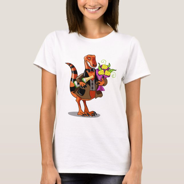 Raptor Holding Bottle Of Sparkling Wine & Flowers T-Shirt (Front)