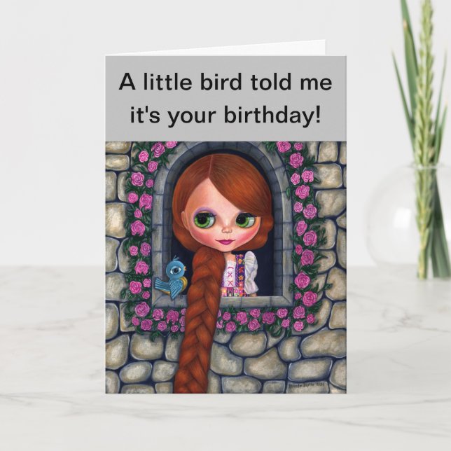 Rapunzel Big Eyes Girl Doll Cute Redhead Bluebird Card (Front)