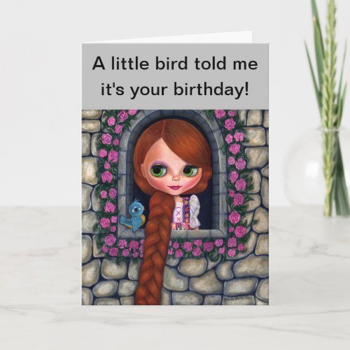 Rapunzel Big Eyes Girl Doll Cute Redhead Bluebird Card