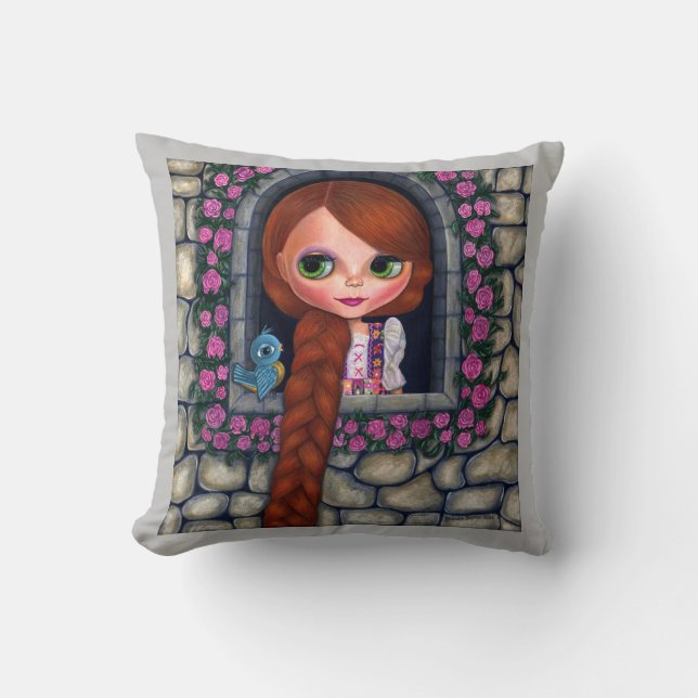 Rapunzel Big Eyes Girl Doll Cute Redhead Bluebird Throw Pillow (Front)
